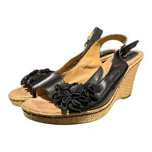 BOC Born Women’s Size 9 Black Leather Flower Open Toe Slingback Wedge Sandal